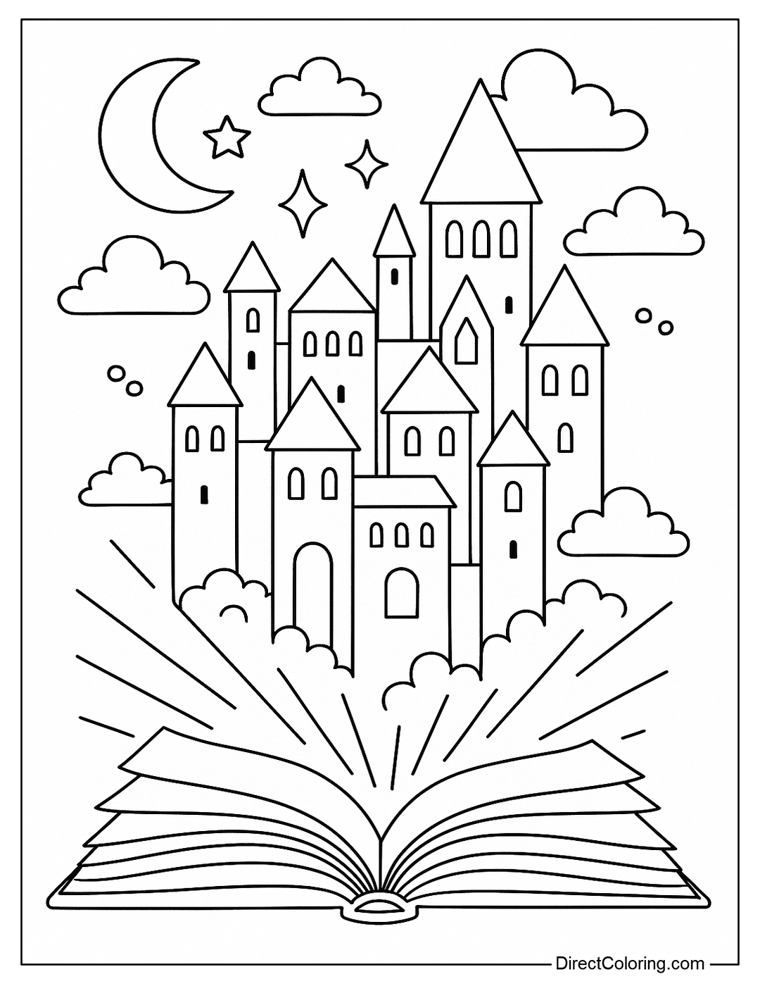 Summer reading coloring page with glowing books, opening up a fantasy city.